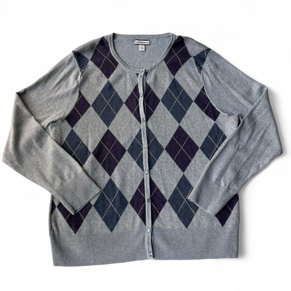Croft & Barrow Argyle Cardigan Grayish Blue PXL Preppy Academia.